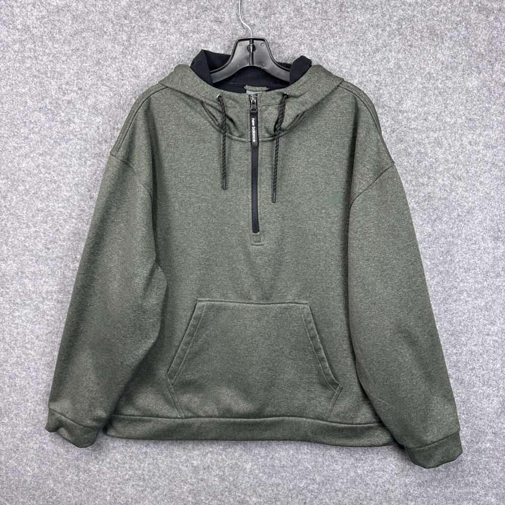 New Balance Mens Hoodie XL Green Quarter Zip Fleece Lined Kangaroo Pocket